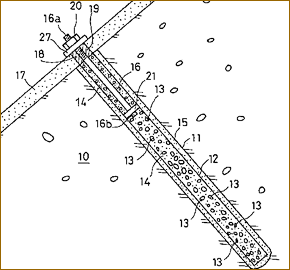 ロックボルト工法によって補強された傾斜地の縦断面図