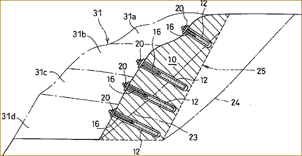ロックボルト工法によって補強された傾斜地全体の縦断面図
